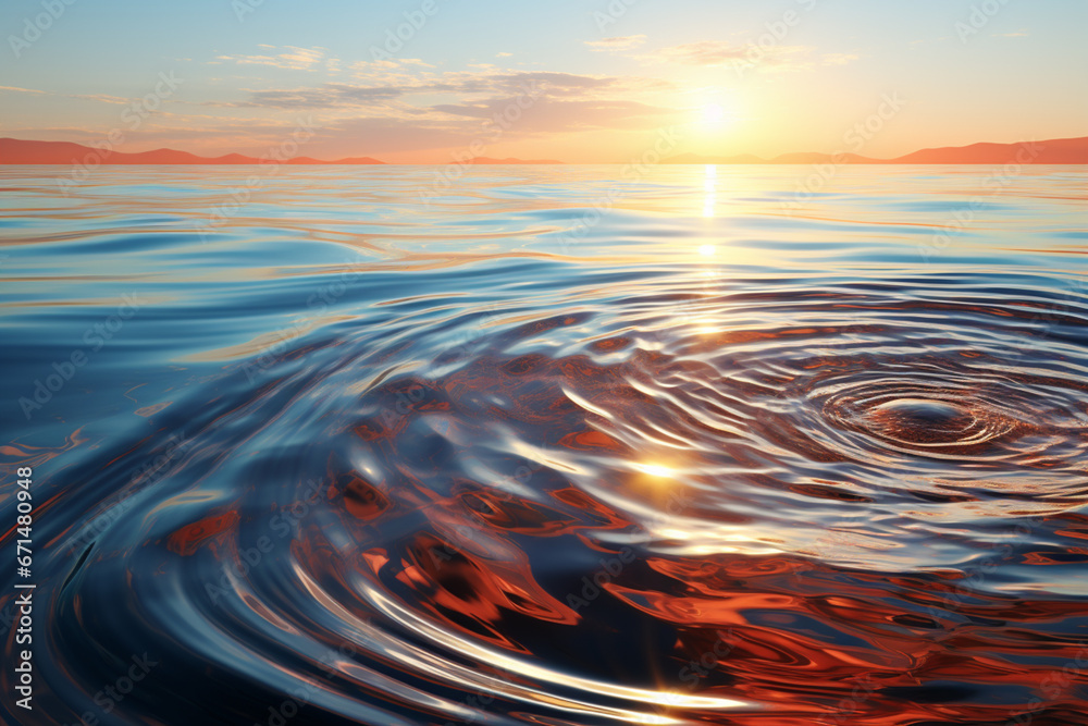 A sunrise reflected on the water, with circular ripples radiating from the point where the sun's rays touch the surface. A sunrise reflected on the water, with circular ripples radiating from the point where the sun's rays touch the surface.