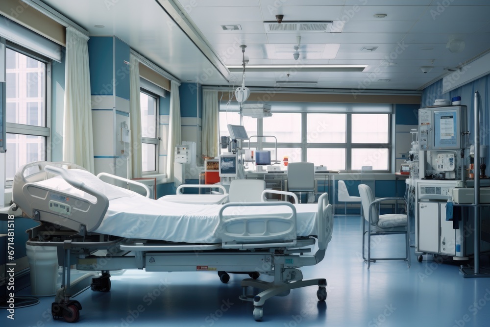 Empty Hospital room with comfortable medical equipped and beds Empty Hospital room with comfortable medical equipped and beds