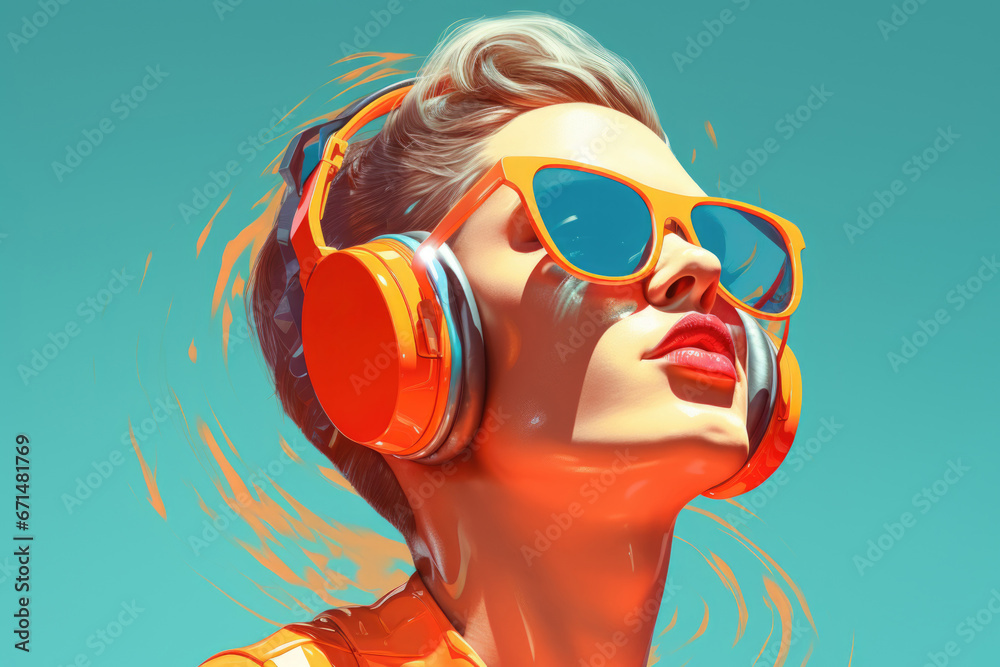 Handsome young and stylish man wearing sunglasses and headphones. Listens to pleasant modern music, close-up
