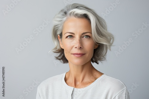 Portrait of a stylish gray-haired woman 50 years old  looking at the camera  studio shot on a light gray background
