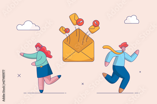 Concept of virus, piracy, hacking and security. Fear of spam email warning. Girl looks at large number of letters in horror. Man runs away from spam in fear. Mailing of advertising correspondence.