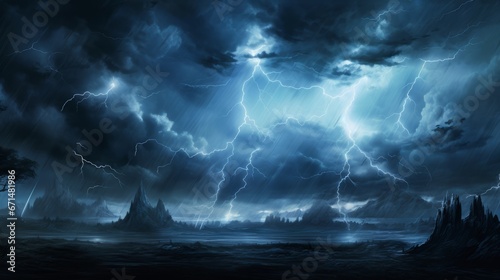 A dynamic landscape filled with streaks of electric blue and silver, representing a stormy and turbulent sky, with flashes of lightning and rain.