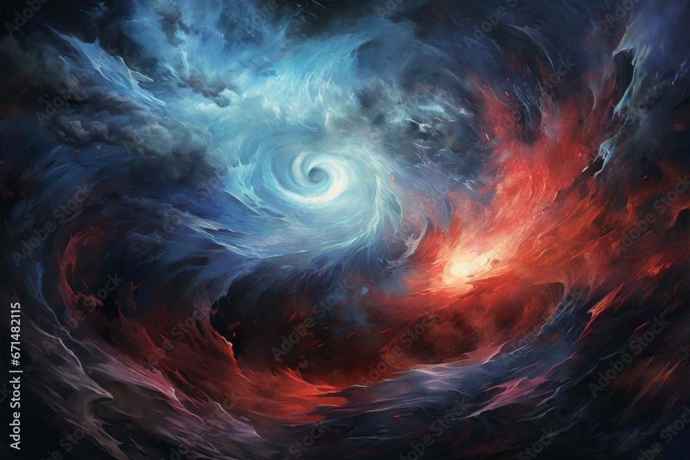 A chaotic blend of fiery and icy elements, with swirling vortexes of red and blue merging in a whirlwind of energy. A chaotic blend of fiery and icy elements, with swirling vortexes of red and blue merging in a whirlwind of energy.