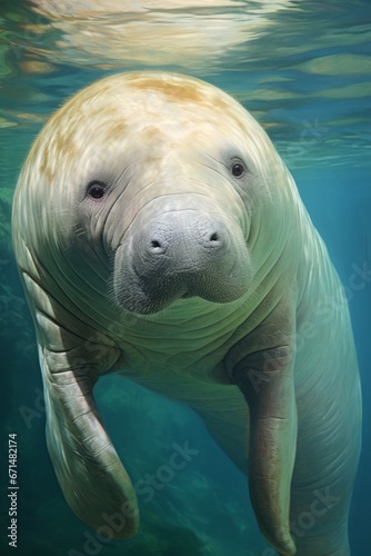 A serene portrait of a gentle manatee, with its docile eyes and wrinkled skin representing grace and tranquility. © Oleksandr
