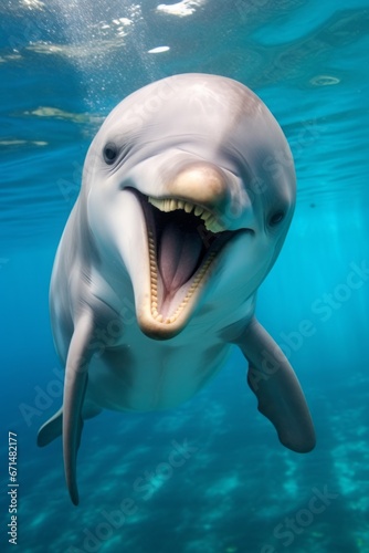 A close-up of a playful dolphin, its smiling mouth and expressive eyes radiating joy and intelligence. © Oleksandr