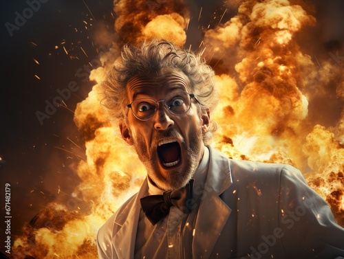 Terrified climatologist walking in the eerie and dry land. Climate change concept