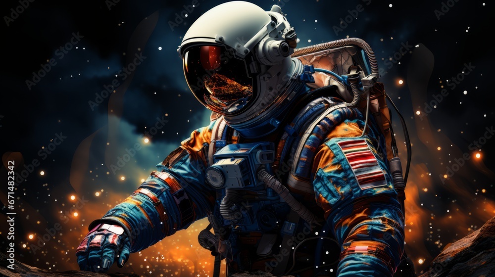 An abstract pixelated astronaut suit with a pixelated American flag patch, symbolizing national pride in space exploration. An abstract pixelated astronaut suit with a pixelated American flag patch, symbolizing national pride in space exploration.