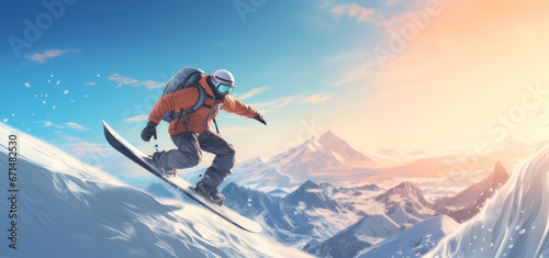 a man snowboarding on a winter snow covered mountain © Katewaree