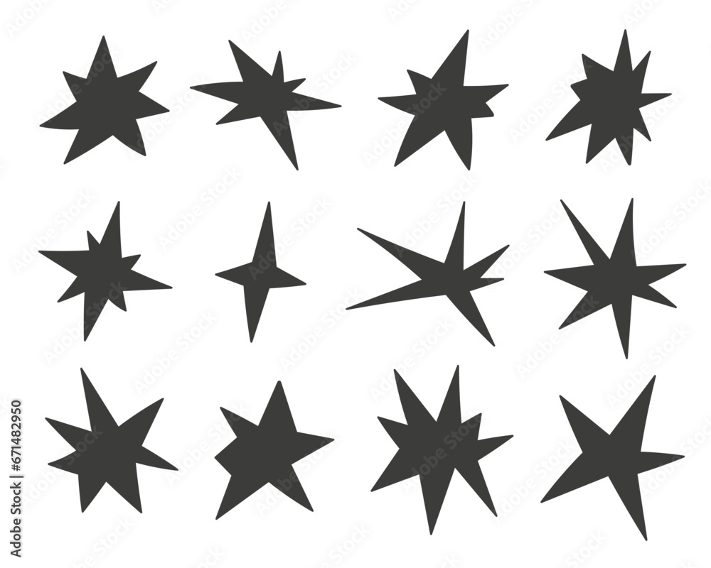 Hand drawn shapes set. Doodle black star collection Hand drawn shapes set. Doodle black star collection