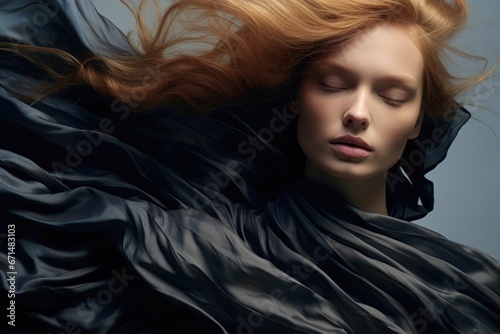 Photo of a beautiful woman surrounded by light flowing fabric blowing in the wind, close-up