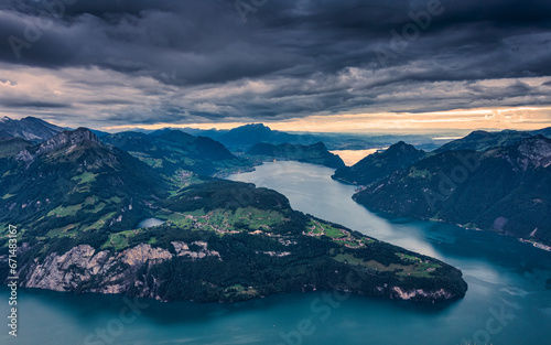 Fronalpstock on summit and moody sky overlooking Lake Lucerne at Schwyz, Switzerland