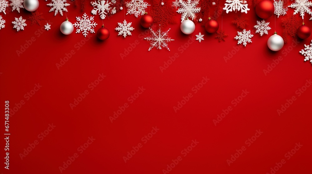 Snowflakes baubles xmas on red ai generated banner background copy space Snowflakes baubles xmas on red ai generated banner background copy space