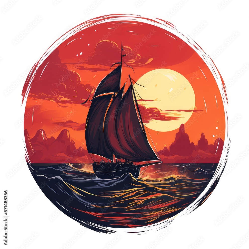 logo of Brig with scarlet sails among sea waves on sunset. Circle drawn illustration. Generative AI - obrazy, fototapety, plakaty 