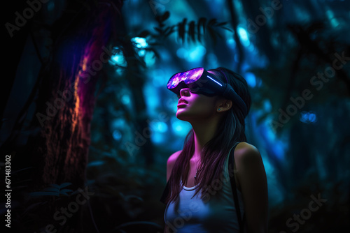 Young girl using glasses of virtual reality on dark fantasy forest background. Future technology concept. Cute girl using VR glasses in colorful night fairy forest, Generative AI photo