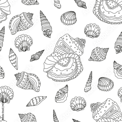 Coloring page for children and adults. Seashells of different shapes and floral elements.