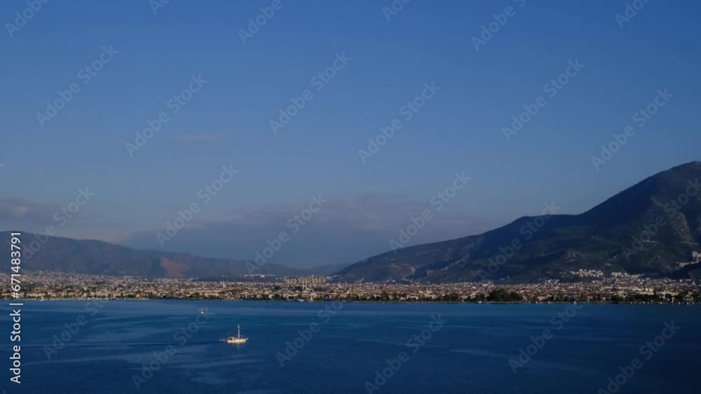 Turkey, trip to Fethiye, Mugla Province. view from the peninsula to the city and the marina Turkey, trip to Fethiye, Mugla Province. view from the peninsula to the city and the marina