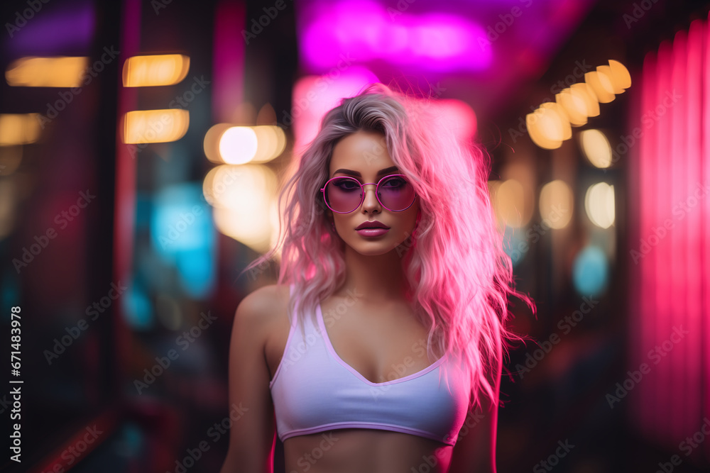 Portrait of young woman with pink hair, wearing glasses. Futuristic cyberpunk neon background. Generative AI