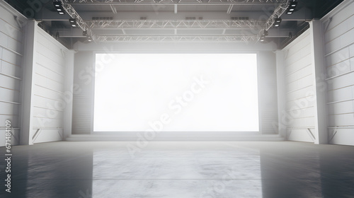 cinema theater with stage with blank white screen mock up,  empty huge hall with scene