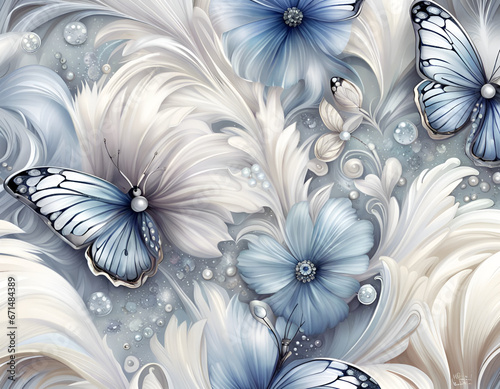 Watercolor style image with flowers and butterflies on soft pastel background. Floral botanical herbal texture. Amazing digital illustration. CG Artwork Background