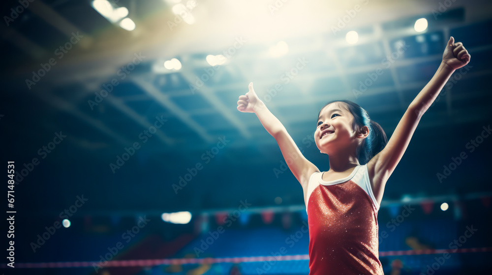 Asian gymnast girl with raised arms under spotlight in gym, joyful. - obrazy, fototapety, plakaty 