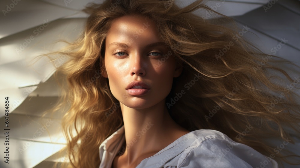 Naklejka premium Photo of a beautiful woman surrounded by a light flowing fabric that flutters in the wind, close-up