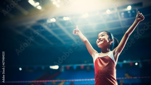 Asian gymnast girl with raised arms under spotlight in gym, joyful.