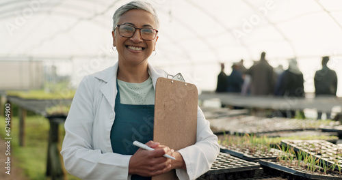 Scientist, portrait and checklist for greenhouse plants, farming and agriculture inspection or management. Science woman or senior farmer with clipboard for food security, growth and sustainability