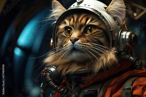 Portrait of cat astronaut in spacesuit. Funny animal