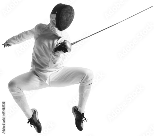 Dynamic portrait of athlete in fencing costume with sword in hand jumps in action isolated on transparent background