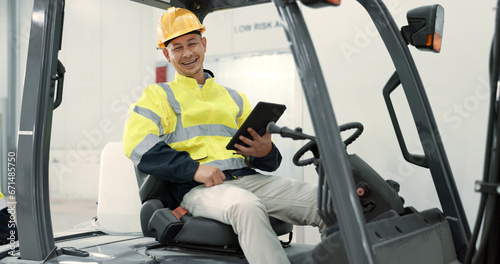 Construction, tablet and portrait of man in forklift machine for maintenance, planning and renovation. Engineering, architecture and contractor on digital tech for online design, building and report