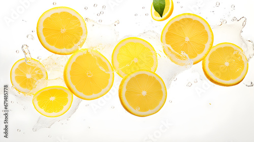 Falling lemon slices on white background