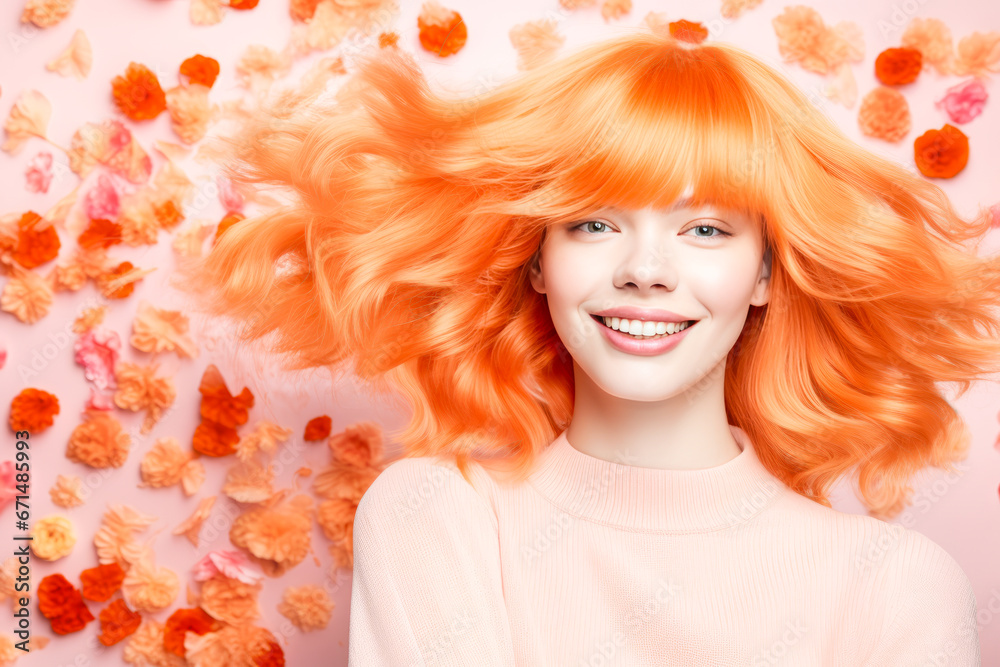 Redheaded woman shaking hair among autumn leaves. Redheaded woman shaking hair among autumn leaves.
