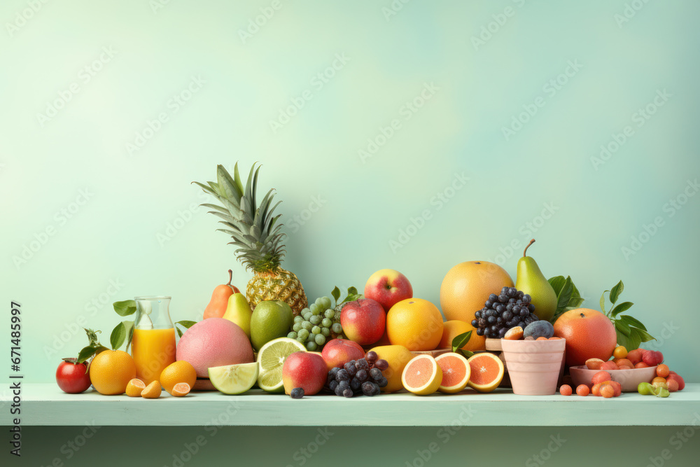 Inviting studio scene with fresh fruit set on pastel studio wall background, offering a clean and pleasing backdrop for the fruit and copy space for text integration. Generative AI