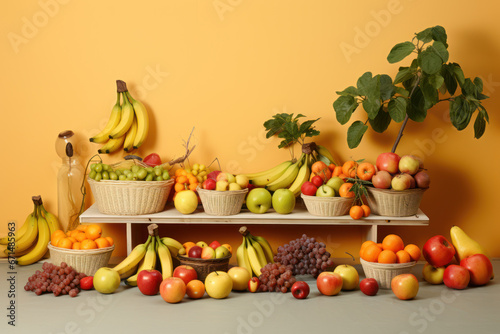 Inviting studio scene with fresh fruit set on pastel studio wall background  offering a clean and pleasing backdrop for the fruit and copy space for text integration. Generative AI