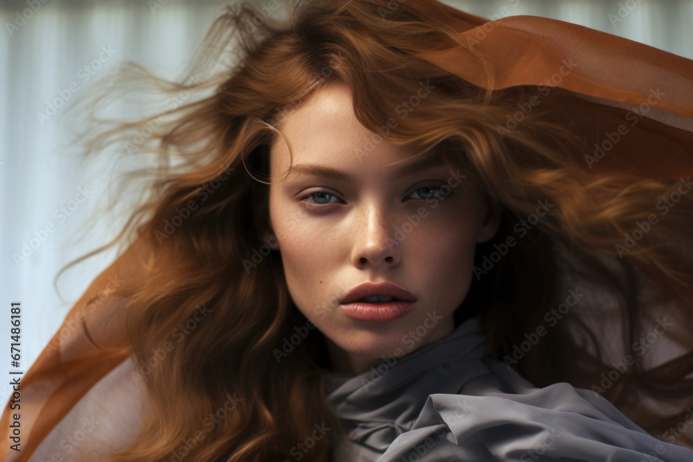Photo of a beautiful woman surrounded by a light flowing fabric that flutters in the wind, close-up Photo of a beautiful woman surrounded by a light flowing fabric that flutters in the wind, close-up