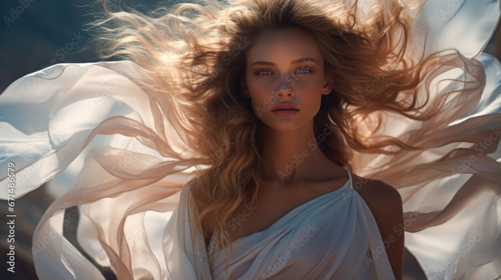 Photo of a beautiful woman surrounded by a light flowing fabric that flutters in the wind, close-up Photo of a beautiful woman surrounded by a light flowing fabric that flutters in the wind, close-up