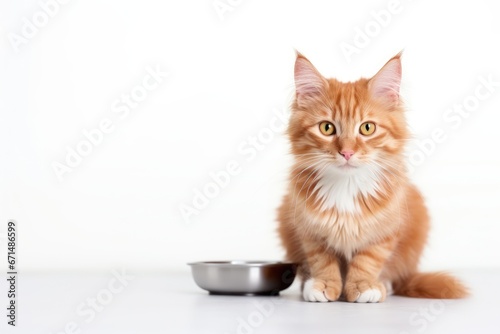 cat sitting with a heap bowl of cat food on white background.