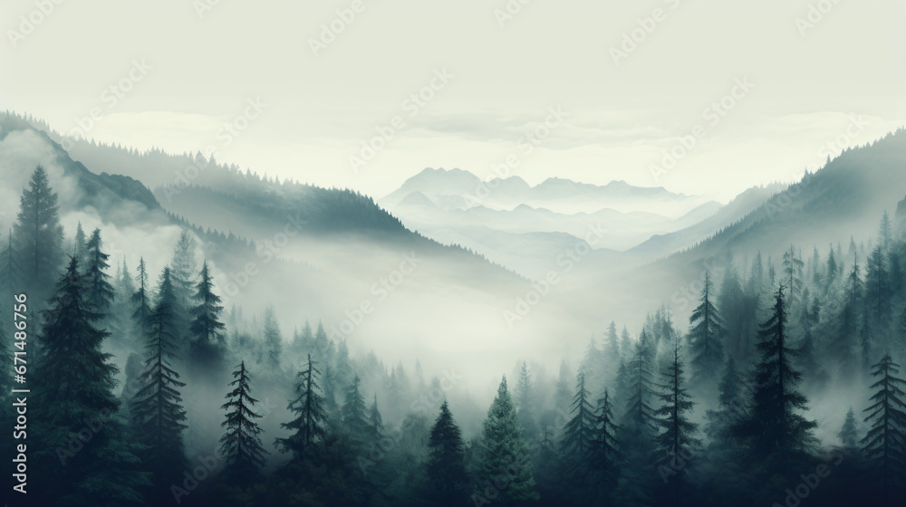 Misty landscape with fir forest in vintage retro