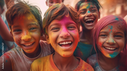 Close-up portrait the boy and group of happy kids looking at camera after playing with colourful holi powder during festival celebration. Holy colors festival. Generative AI