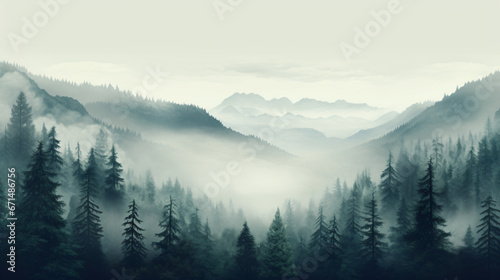 Misty landscape with fir forest in vintage retro © Ashley