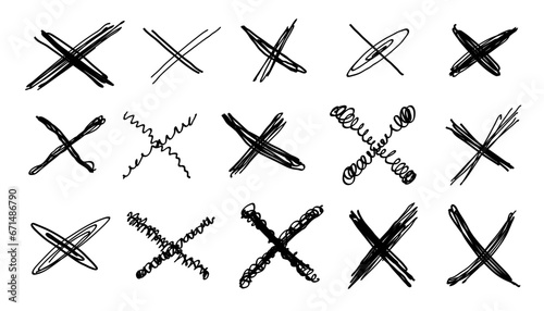Grunge crosses, X marks, emphasis hand-drawn elements. Sketchy brush stroke, rejected sign marker accentuation striking out shapes. Isolated. Vector illustration photo
