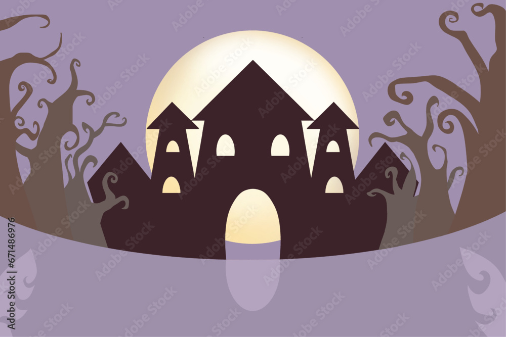 scary haunted house in the woods with moon purple theme vector illustration minimalism