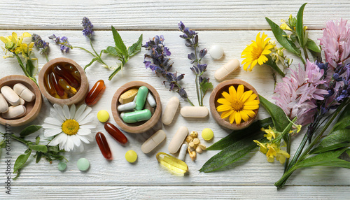 Various pills, herbal remedies, and blossoms laid out on a white wooden surface, top view with room for text. Nutritional supplements photo