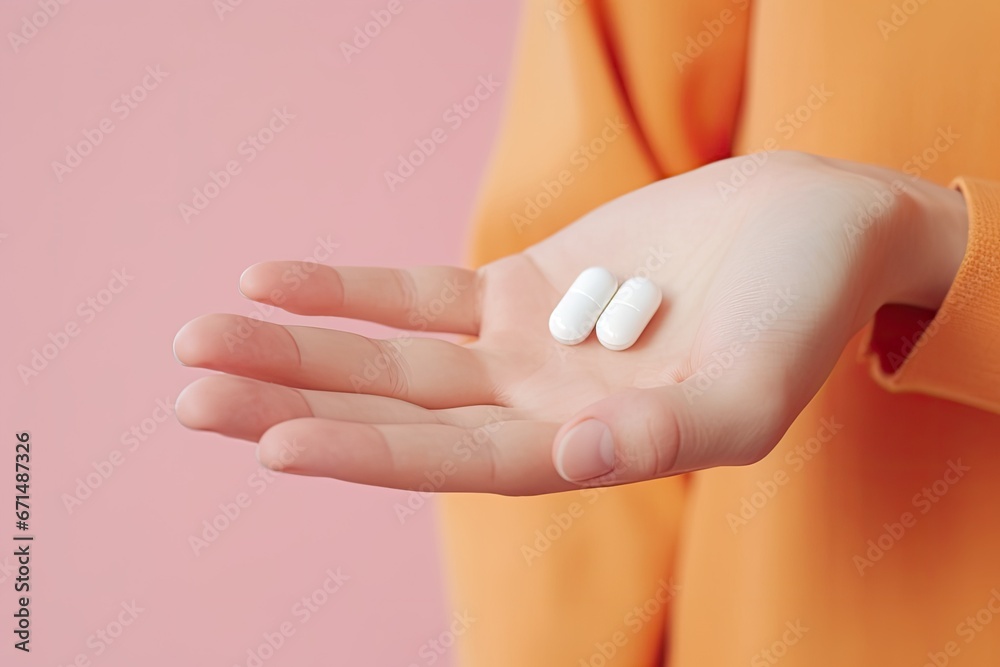 Close-up of female hand holding white pills isolated on pink background ai generative Close-up of female hand holding white pills isolated on pink background ai generative
