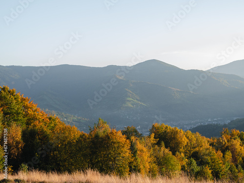 Village in Transcarpathia region scenic Carpathian mountains view Ukraine, Europe. Autumn countryside landscape fall spruce pine trees Pasture Eco Local tourism hiking Recreational activities Vacation