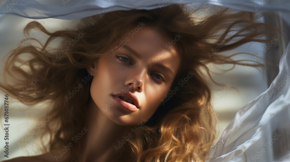 Naklejka premium Photo of a beautiful woman surrounded by a light flowing fabric that flutters in the wind, close-up