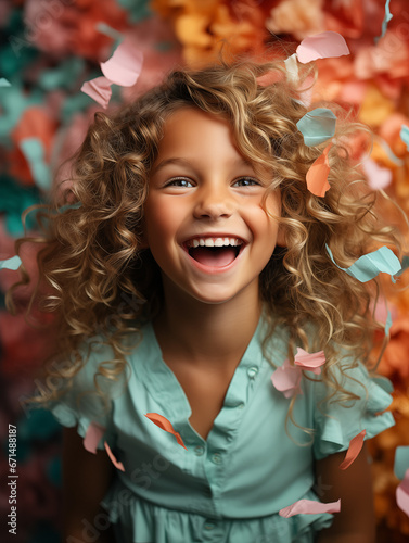 Hübsches Kind Mädchen lacht mit offenen Mund und feiert Party mit bunten Hintergrund, ai generativ
