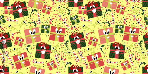 Wallpaper Mural Vector seamless pattern on a white isolated background with beautiful merry boxes, Christmas tree branches, New Year toys, balls and stars Torontodigital.ca