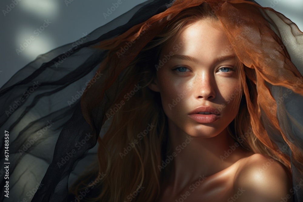 Photo of a beautiful woman surrounded by a light flowing fabric that flutters in the wind, close-up Photo of a beautiful woman surrounded by a light flowing fabric that flutters in the wind, close-up