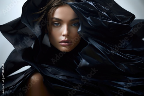 Beautiful supermodel in an abstract, designer black dress, close-up photo